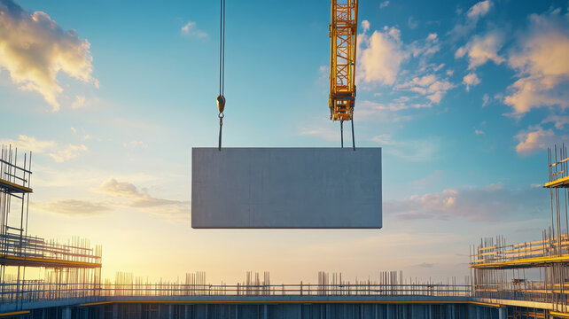 Large industrial crane lifting precast concrete slab at construction site during sunrise