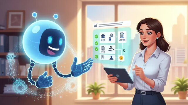 AI Legal Assistant Cartoon Character Providing Zoning, Licensing, and Compliance Information to Businesswoman via Tablet