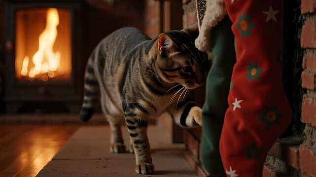 A curious cat navigates a festive mantle, carefully avoiding Christmas stockings in a heartwarming 4k video scene, perfect for holiday cheer