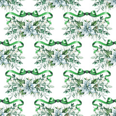 Elegant Christmas seamless pattern featuring white poinsettias, eucalyptus greenery, pine needles and bright green bows. Perfect for winter packaging, fabric prints, greeting cards and festive