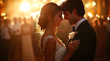 Couple shares a romantic moment during their wedding reception as the sun sets behind them Generative AI