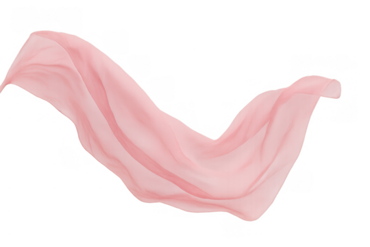 Pink flowing sheer fabric with wavy movement, creating a graceful and soft texture. Transparent background