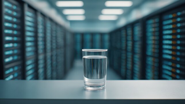 A clear glass of water with water inside and a data center in the background, symbolizing the large volume of water usage for cooling and the high energy consumption.