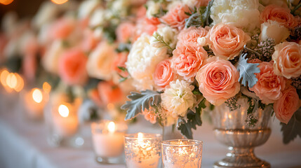 Elegant floral arrangement with candles set on a table for a special event in a warm and inviting location Generative AI