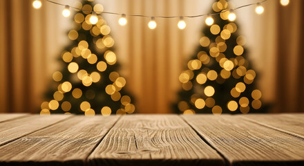 Warmly lit christmas trees and festive string lights create a cozy holiday atmosphere above a rustic wooden table