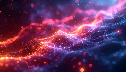 Abstract wave of glowing particles in red, blue, and purple hues, resembling a nebula or digital data stream