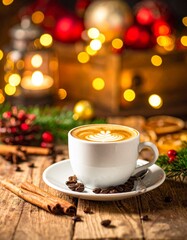 Latte Coffee on Rustic Table with Christmas Atmosphere
