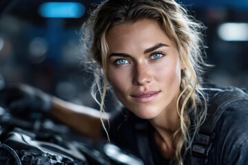 Skilled mechanic working under the hood in an automotive shop during daylight hours