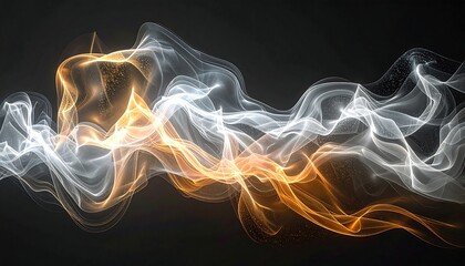 Abstract wave of shimmering golden & silver light ribbons float against a deep charcoal grey backdrop