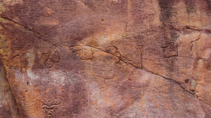 India, Bihar, Rajgir, Ancient Carvings of Lord Buddha and Pali Scripture on the Wall of Nalanda University, The Base of Indian Education System.