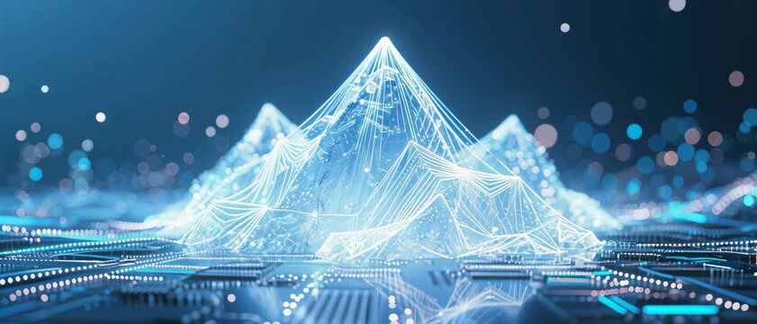 Digital Network Formation, Crystal Mountain, Circuit Base, 3D Render, Futuristic Tech Environment, Close-up Viewpoint, Data Visualization Concept