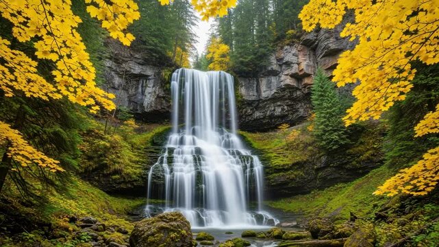 A beautiful waterfall cascades through a lush forest with vibrant yellow autumn leaves. Panoramic nature landscape for a website header or travel themed background