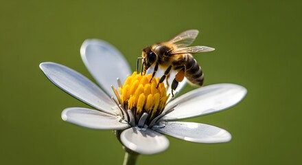 A close-up shot of a bee collecting nectar from a white daisy flower with a green blurred background