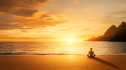 Person lotus pose shore meditating beach sunset peaceful calm silhouette ocean