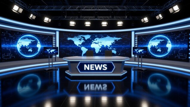 Modern news studio with world map screens and news desk - Powered by Adobe
