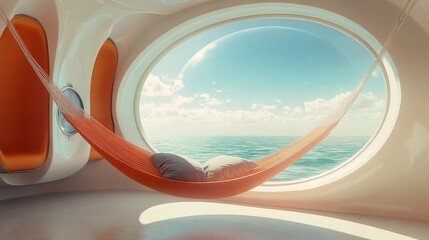 A serene escape awaits in this futuristic hammock room. Enjoy the breathtaking ocean view through the expansive circular window. Relax and unwind in style. Generative AI