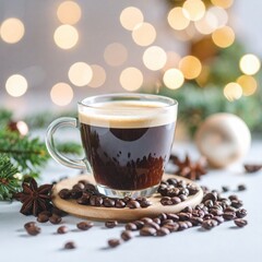 Glass Cup of Black Coffee with Christmas Bokeh