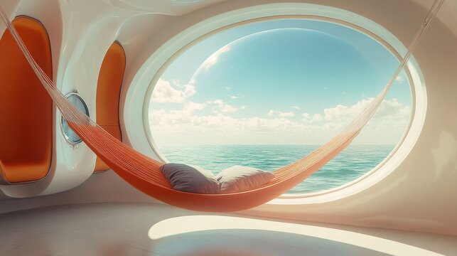 A serene escape awaits in this futuristic hammock room. Enjoy the breathtaking ocean view through the expansive circular window. Relax and unwind in style. Generative AI