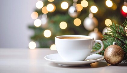 White Coffee Cup with Christmas Bokeh on Table