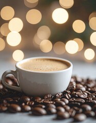 Coffee Cup with Beans in Christmas Bokeh
