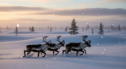 Reindeer running through a snowy winter landscape at sunset in the Arctic.