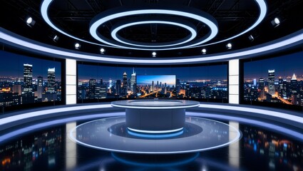 Modern news studio with cityscape backdrop at night