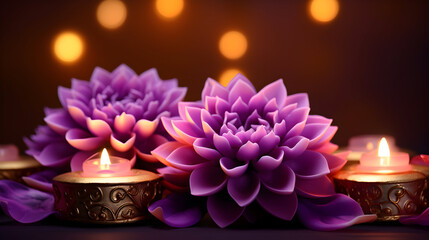 Purple dahlia floral arrangement glows with candlelight. Great for spa branding, elegant posters, or event backgrounds.