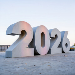 Large concrete numbers reading 2026 against a clear blue sky outdoors