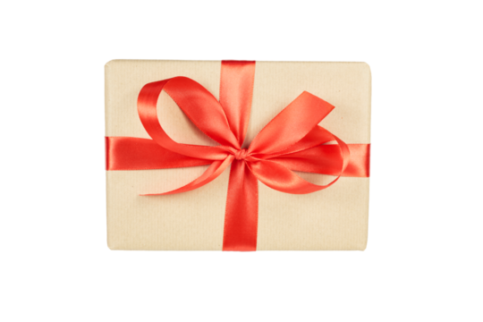 brown paper gift box with red ribbon isolated on white or transparent png