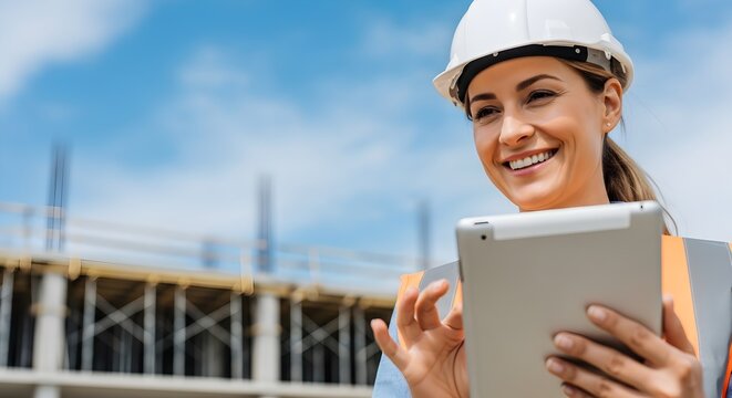 Smiling female construction engineer using digital tablet at modern building site outdoors - Powered by Adobe