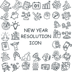 Trendy happy New Year resolution icon doodle featuring wellness, fitness, productivity, finance, travel, creativity, learning, and goal setting symbols. Perfect for planners, app, branding and design.