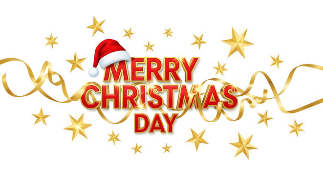 Merry Christmas Day Greeting with Santa Hat, Golden Stars and Ribbons on White Background holiday