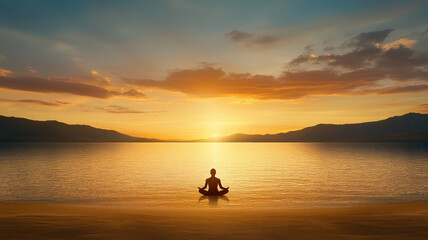 Person lotus pose meditation shore sunset peaceful water silhouette calm