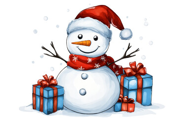 Snowman with gift boxes in winter forest under falling snow