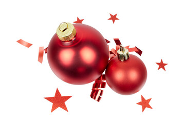 top view of red christmas balls with gift ribbon and glitter stars decoration or ornament isolated on white or transparent png