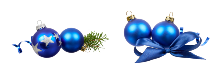set of blue christmas ball decoration and ornaments with ribbon and fir tree isolated on white or transparent png