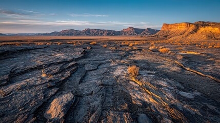 Textured black rock desert illuminated by warm late-afternoon sun