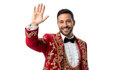 A smiling man in a red sequined tuxedo with a black bow tie waves hello.