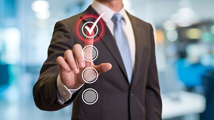 Business professional interacting with a digital interface selecting an option on screen.
