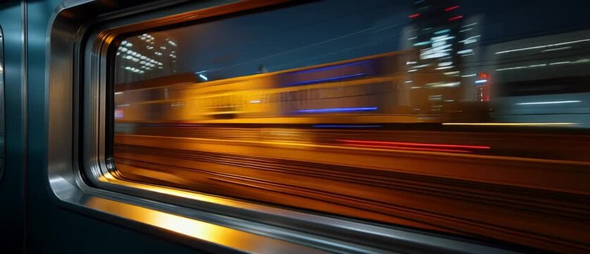 Motion blur cityscape seen through a fast-moving train window, glowing lights, and vibrant energy of urban travel.