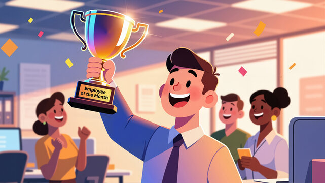 Smiling Employee of the Month Winner Holding Trophy in Office Celebration