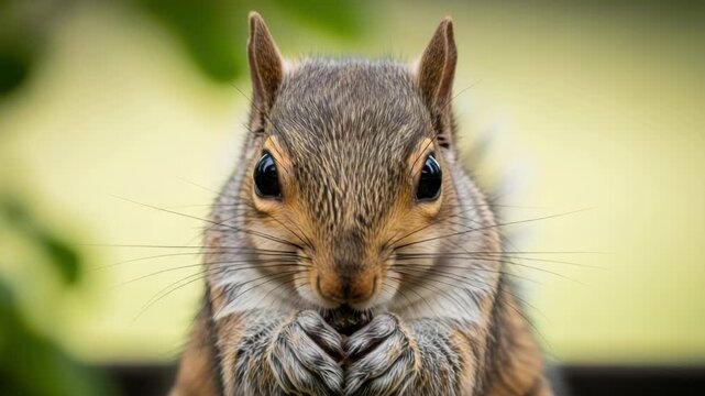 Close up of a cute grey squirrel eating a nut and looking at the camera. A sequence of three images showing the small rodent's face. Wildlife banner for nature themes