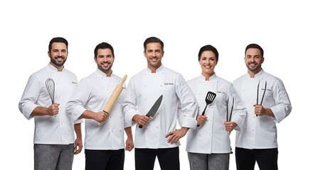 Obraz premium Confident, smiling team of five professional chefs in white uniform jackets holding various kitchen tools, standing together against a bright white background.