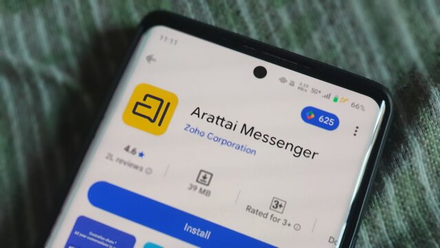 New Delhi, India - November 17 2025: Close-up of Arattai Messenger App Install Page on Android Phone
