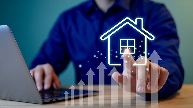 Person interacting with a glowing house icon and rising graph on a laptop.