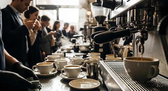 A professional espresso machine dispenses coffee into a cup on the counter, while a barista works and a line of people wait in the blurred background.