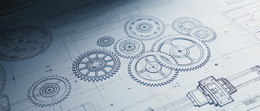 Mechanical Gears Design, Engineering Blueprint, Technical Drawing, Industrial Workshop, Blueprint Paper, Close-up Viewpoint, Precision Engineering Concept
