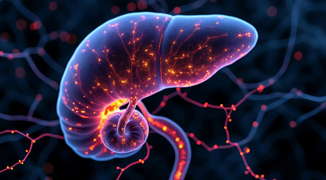 Glowing digital rendering of pancreas with illuminated neural connections and vibrant orange light points showing activity and structure