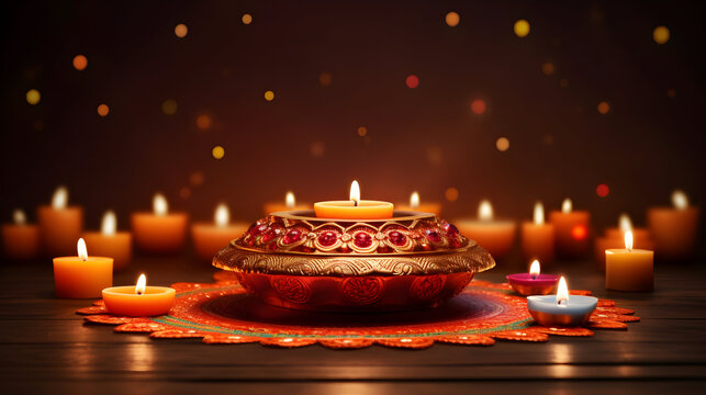 Candles glow, casting soft, warm light on wooden surface. Bokeh highlights festive mood, perfect for Diwali backgrounds, holiday posters, or cultural branding.
