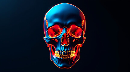 Detailed rendering of human skull with neon in blue and red glowing colors on dark background creating striking and intense visual effect